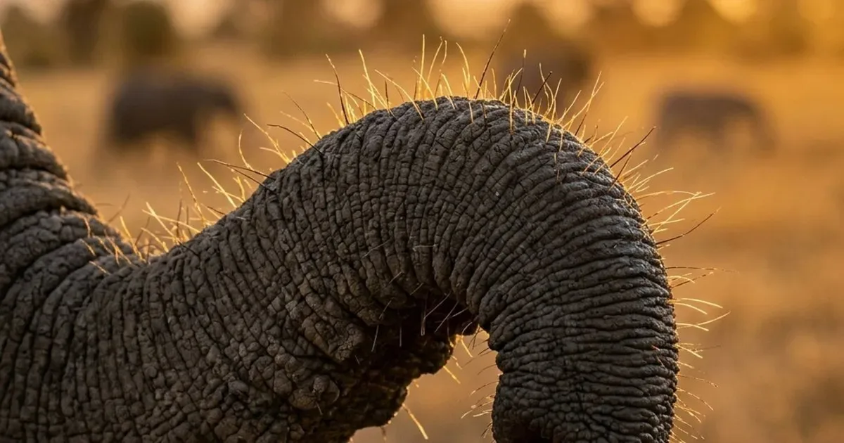 Elefante africano extendiendo su trompa con detalle de los bigotes sensoriales